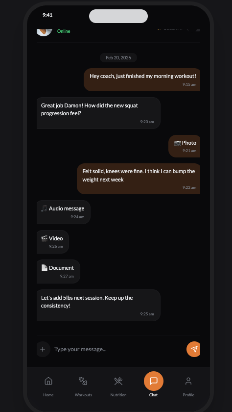 MSSL coaching app: chat messages with Coach Dalton