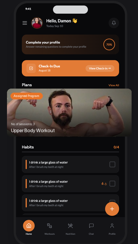 MSSL coaching app: daily plan and habits screen