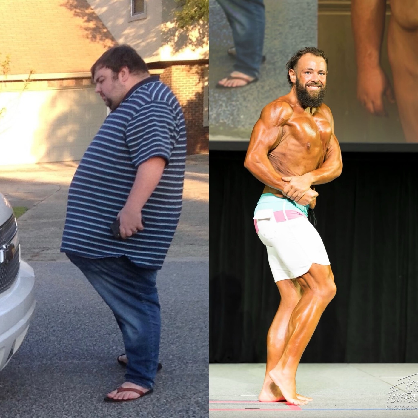 Coach Dalton before (heavy, 2019) and after (bodybuilding stage, 2022)