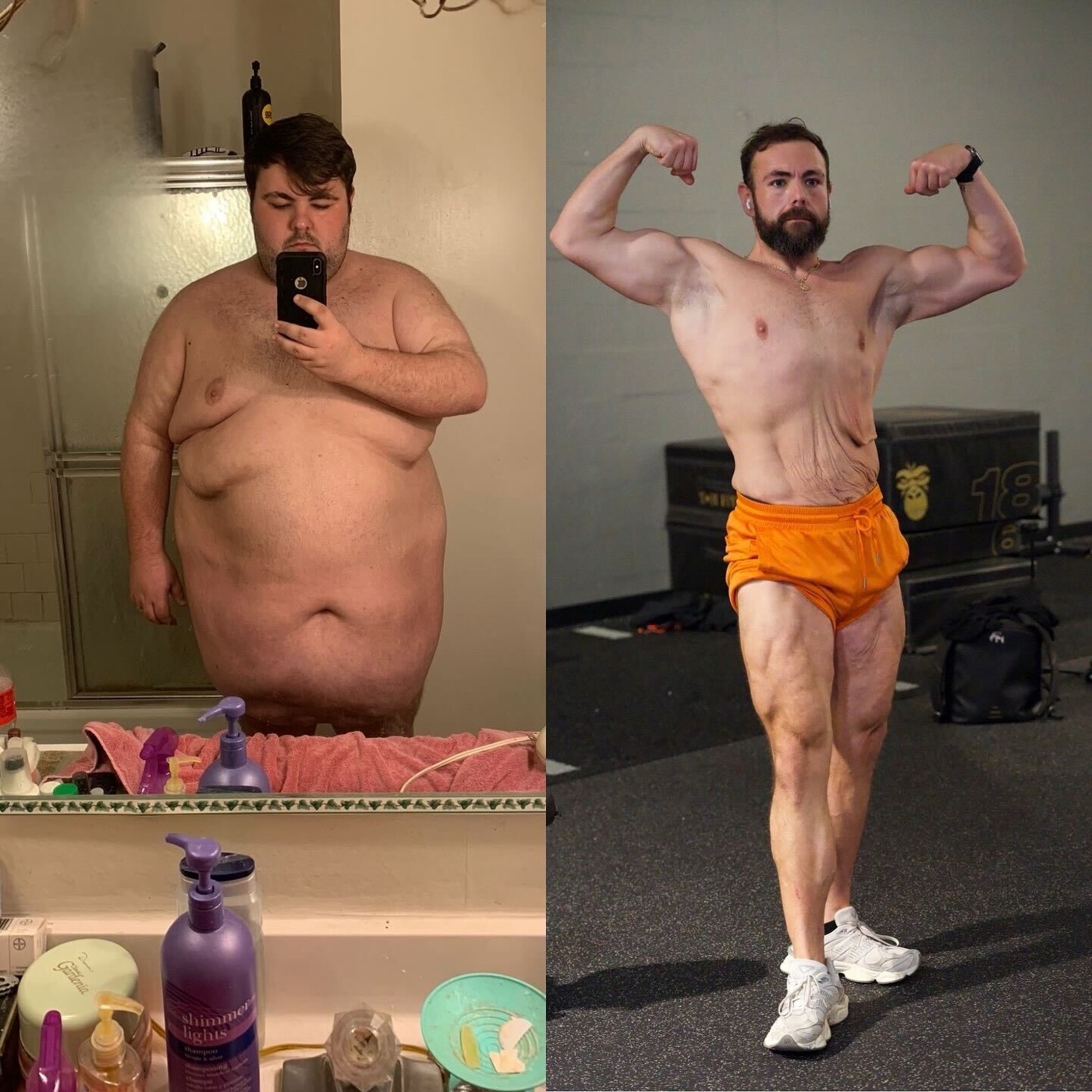 Coach Dalton before (heavy, bathroom mirror) and after (lean, gym double biceps)